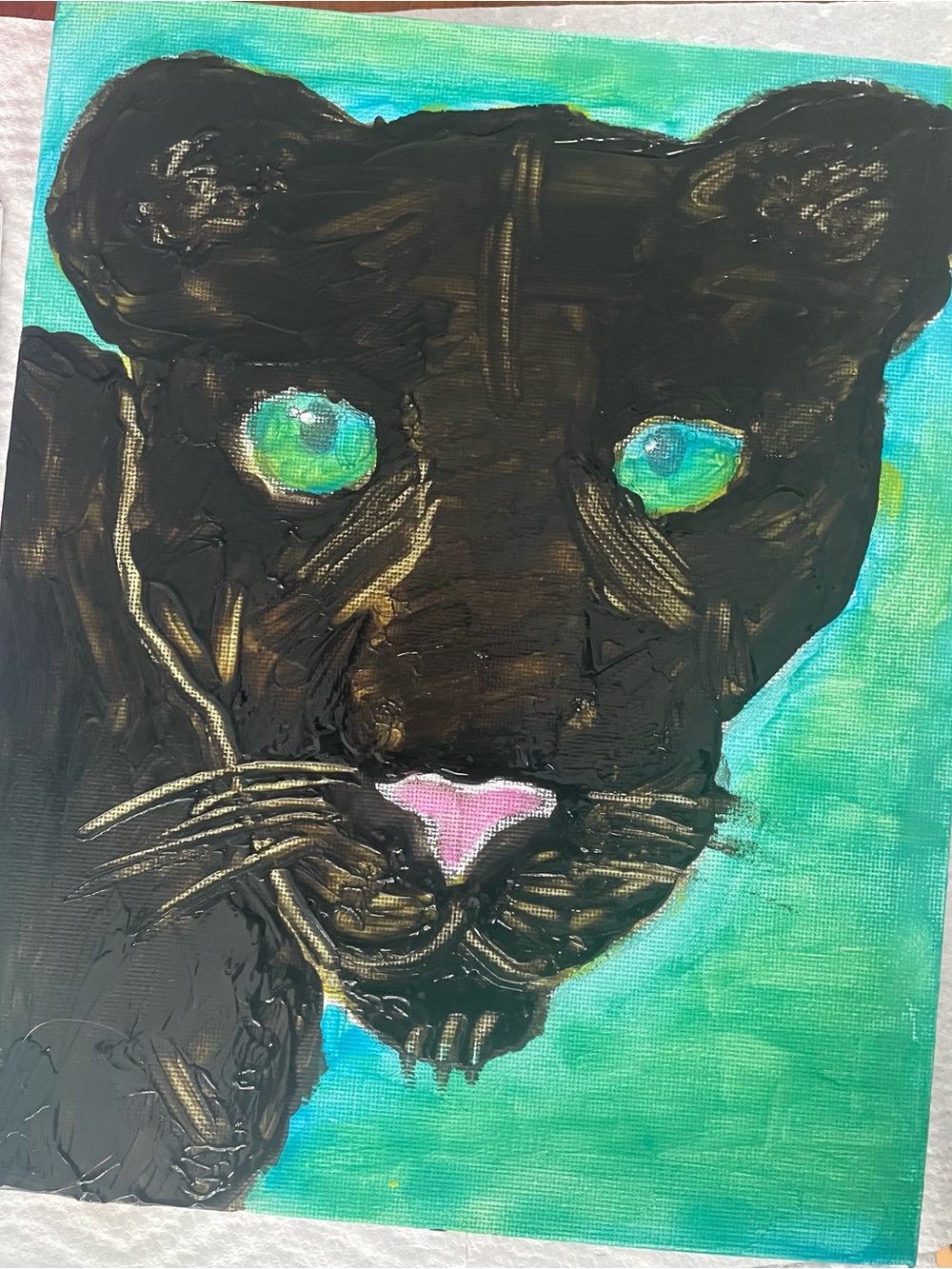 Premium Pets Cat Wall Art - Black Panther Painting with Green Eyes